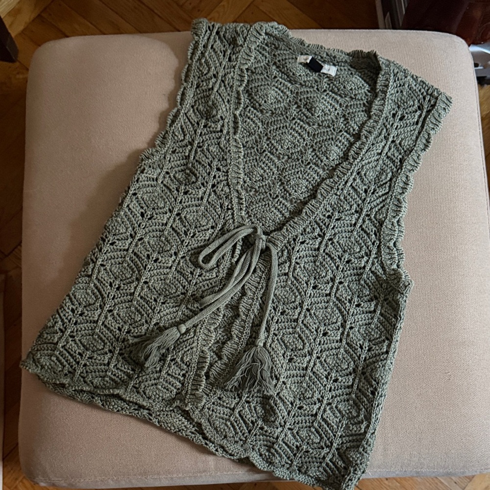 American Eagle Outfitters Olive Crochet V-Neck Sweater Vest